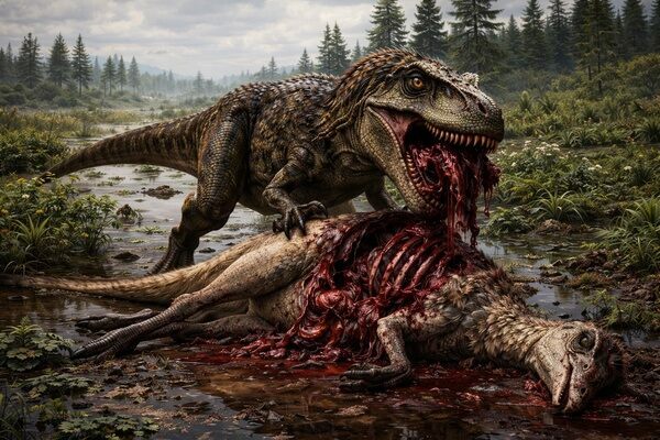 Nanotyrannus feeding on a Struthiomimus in the swampy wetlands of what is now the Hell Creek Formation.